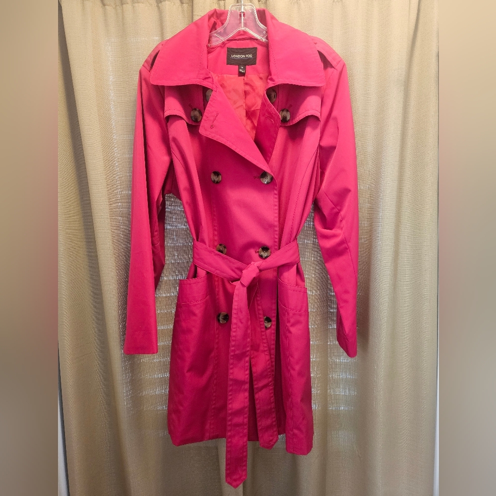 London Fog Hot Pink Double-Breasted Trench with Self-Tie Belt
